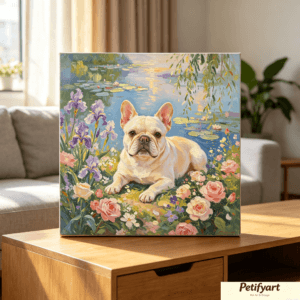 custom monet garden inspired dog portrait, personalized impressionist pet canvas wall art, unframed