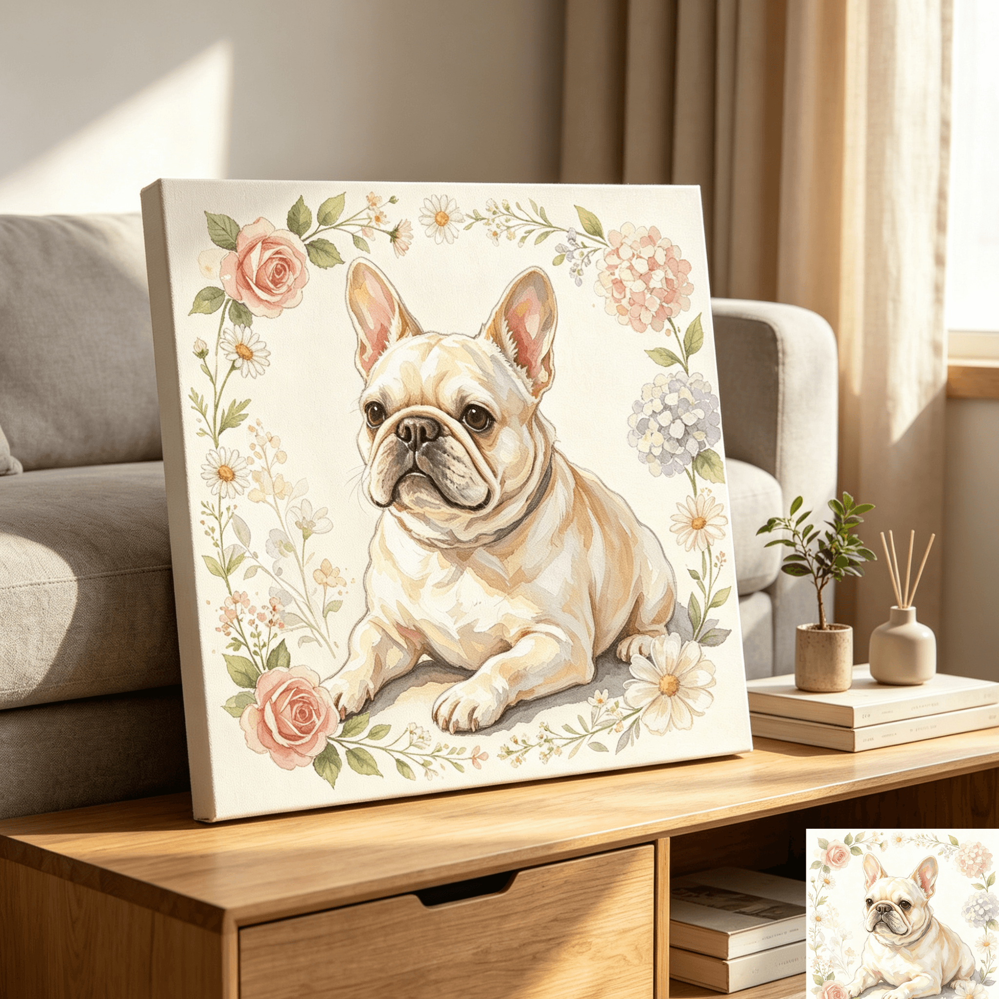 custom floral surround watercolor dog portrait, flower‑border pet canvas wall art, unframed custom floral surround watercolor dog portrait, flower‑border pet canvas wall art, unframed