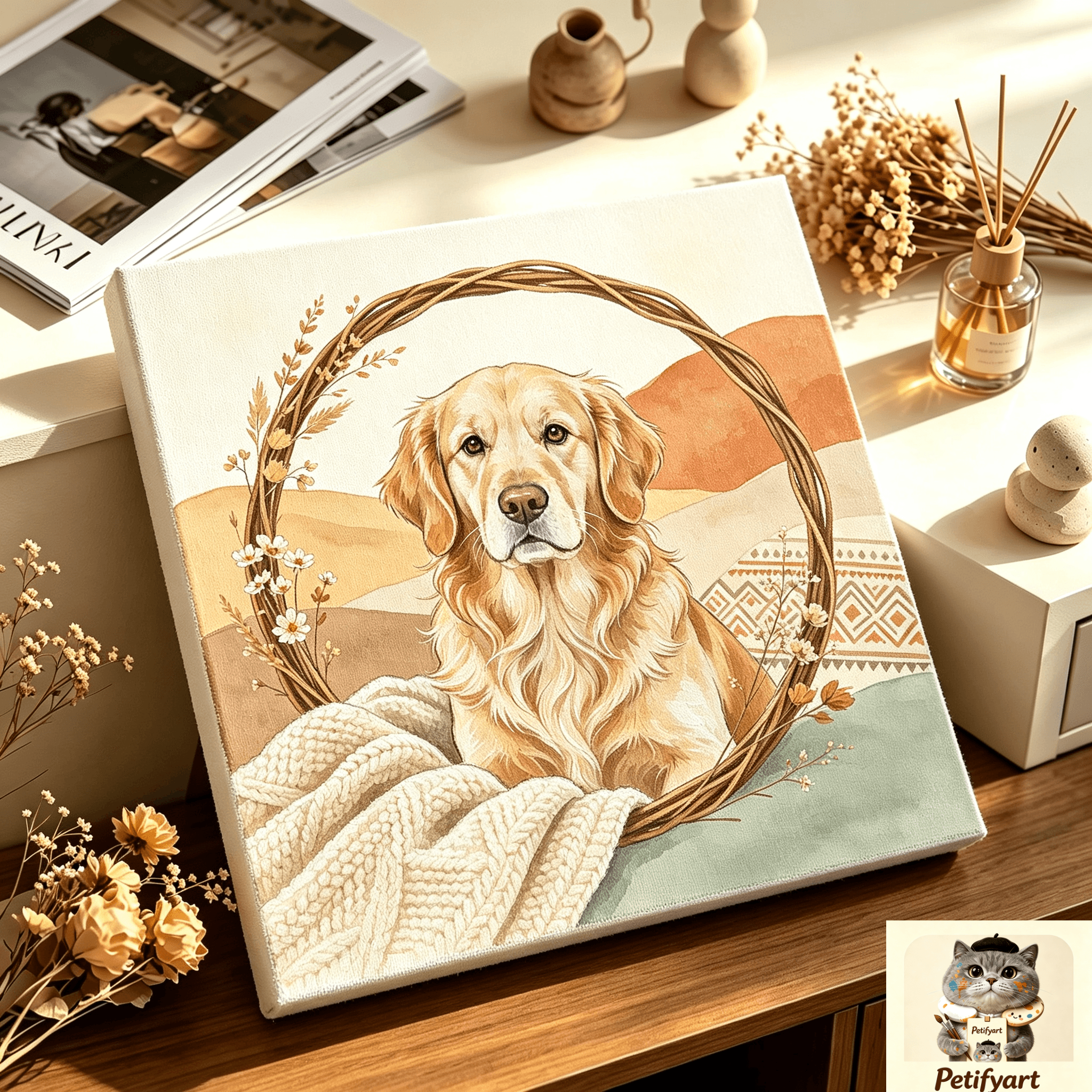 custom boho‑style dog portrait, personalized bohemian pet canvas wall art, unframed custom boho‑style dog portrait, personalized bohemian pet canvas wall art, unframed