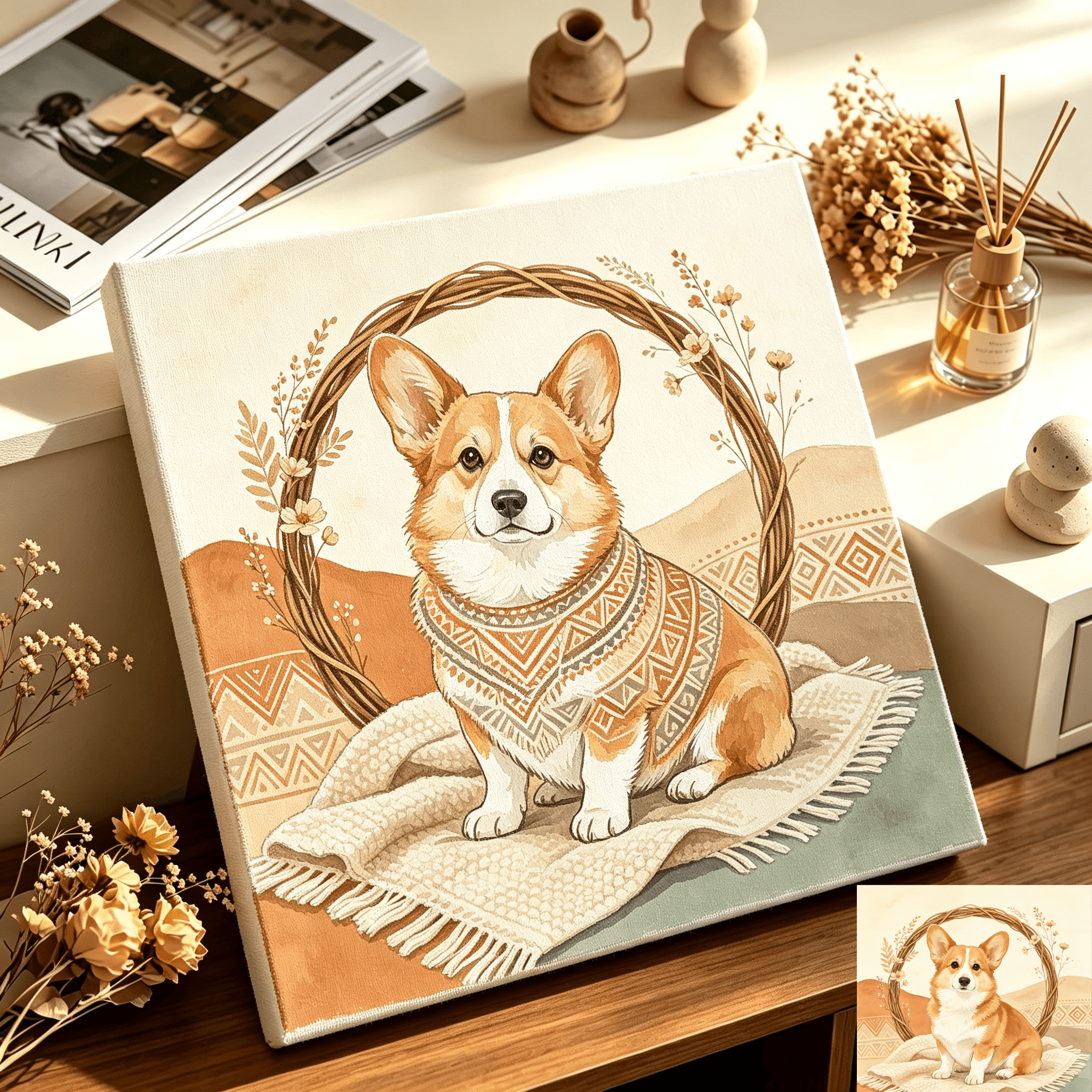 custom boho‑style dog portrait, personalized bohemian pet canvas wall art, unframed custom boho‑style dog portrait, personalized bohemian pet canvas wall art, unframed