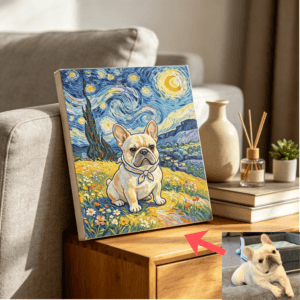 Custom dog portrait Van‑Gogh starry‑night inspired canvas print, unframed pet wall‑art decor